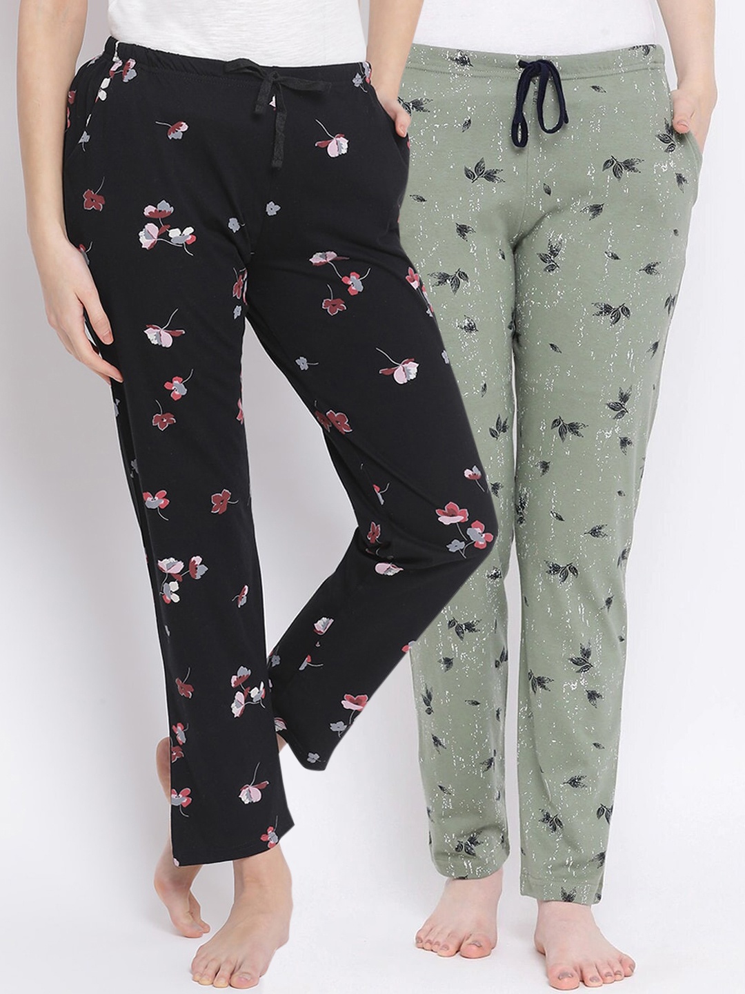 

Kanvin Women Pack of 2 Printed Pure Cotton Lounge Pants, Black
