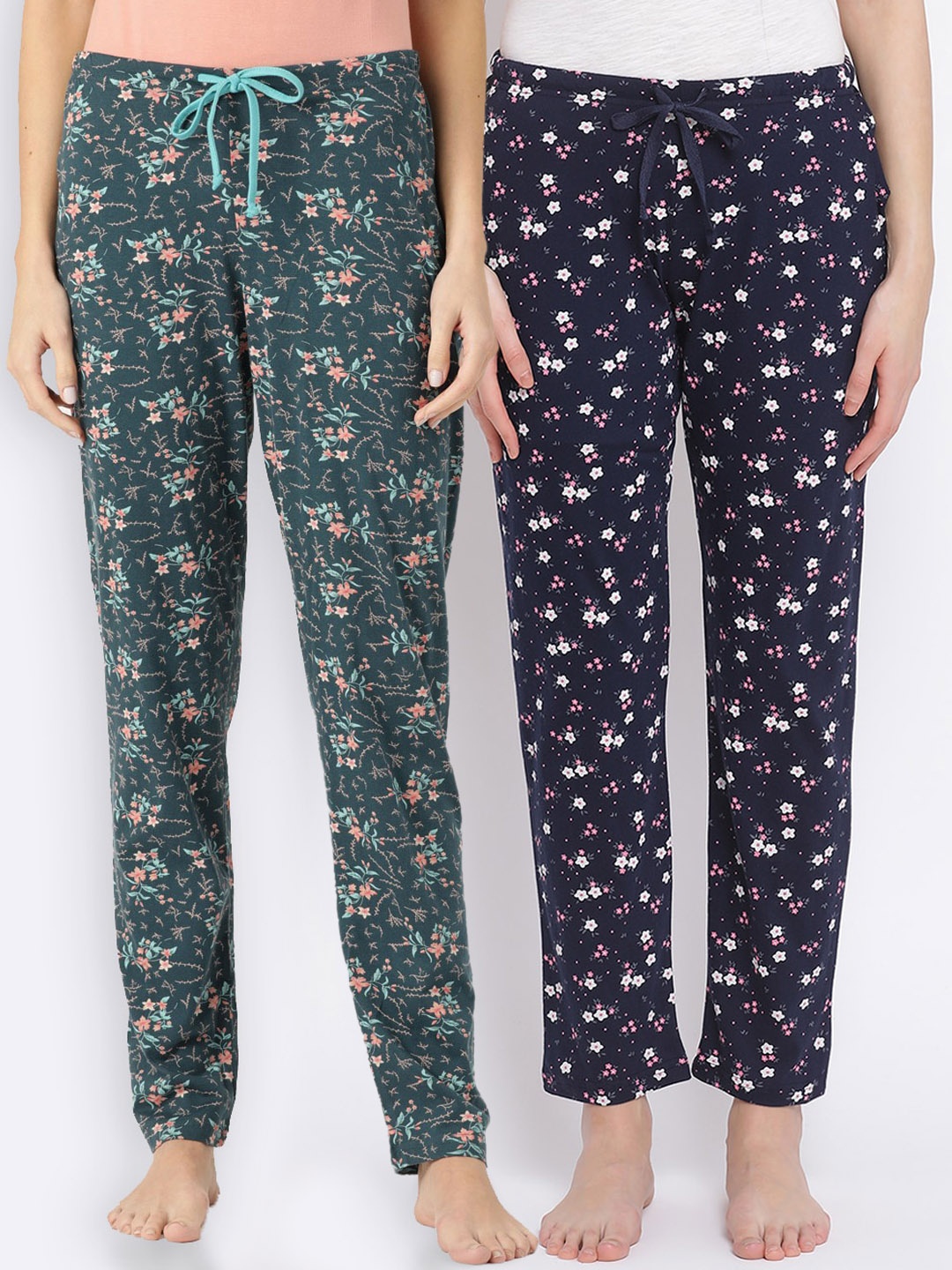 

Kanvin Women Pack of 2 Floral Print Pure Cotton Lounge Pants, Navy blue