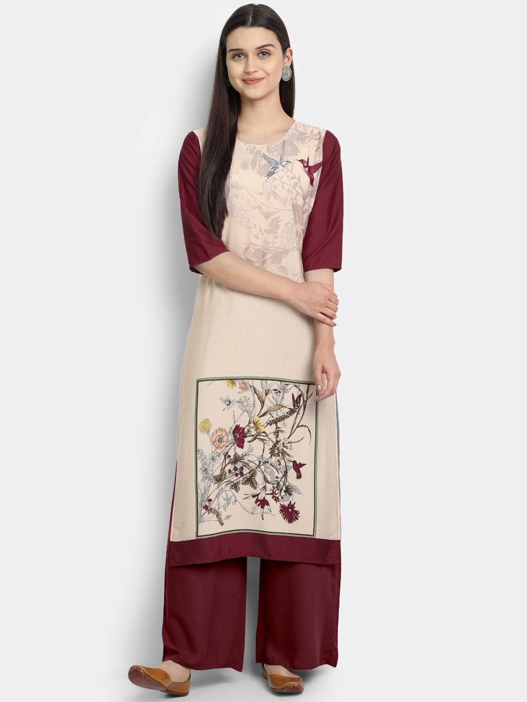 

Ethnic basket Women Beige & Maroon Floral Printed Crepe Kurta