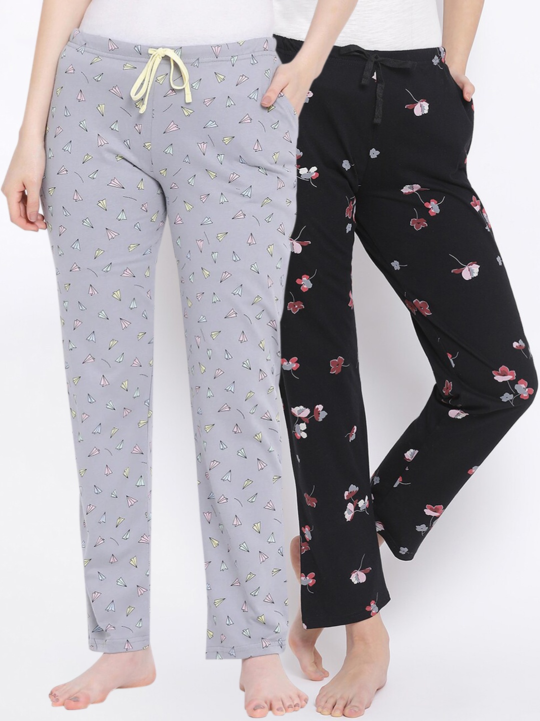 

Kanvin Women Pack of 2 Printed Pure Cotton Lounge Pants, Black