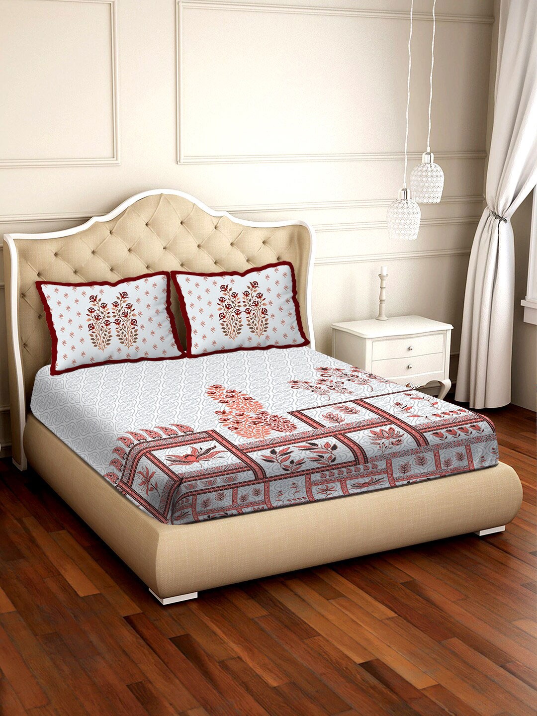

BELLA CASA White & Red Floral 300 TC Cotton 1 King Bedsheet with 2 Pillow Covers