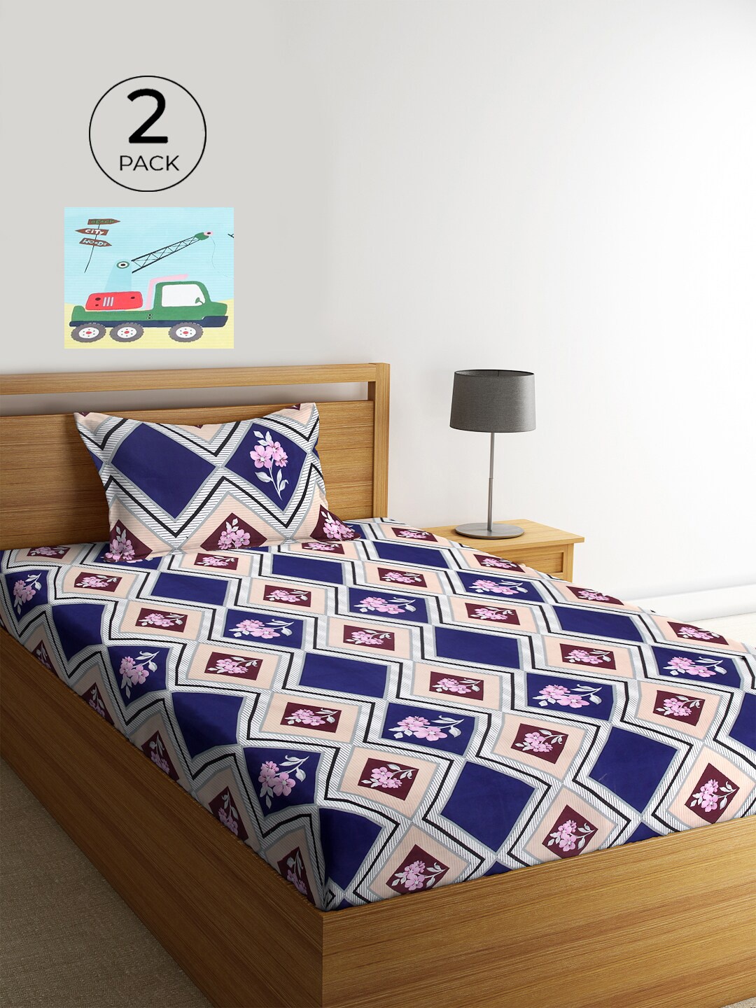 KLOTTHE Blue & White Geometric 210 TC Polycotton 2 Single Bedsheet with 2 Pillow Covers