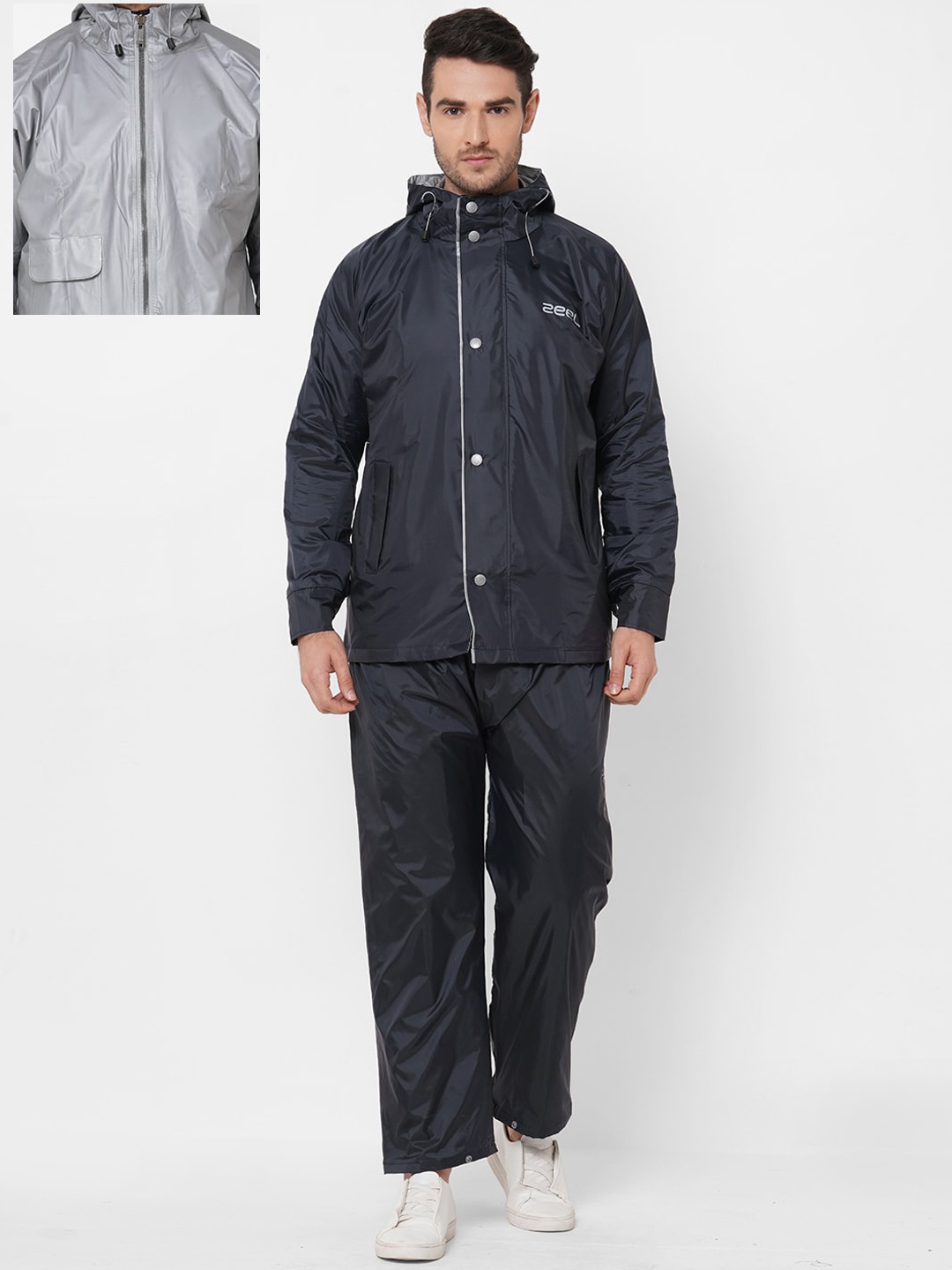 

Zeel Men Navy Blue & Grey Solid Reversible Waterproof Hooded Rain Suit