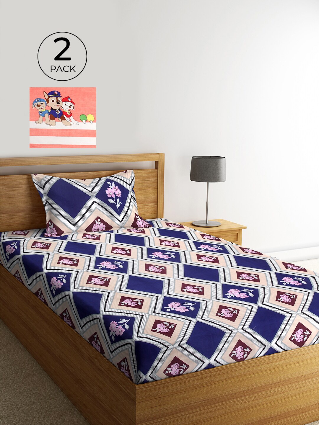 

KLOTTHE Navy Blue & Peach-Coloured Geometric 210 TC Polycotton 2 Single Bedsheet with 2 Pillow Covers