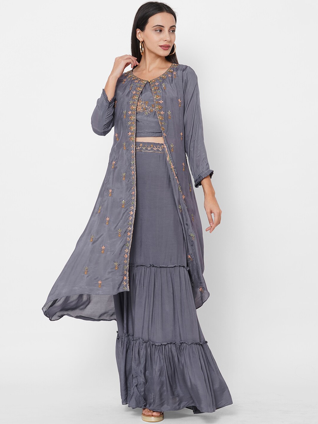 FASHOR Women Grey Floral Embroidered Regular Straight Top & Skirt