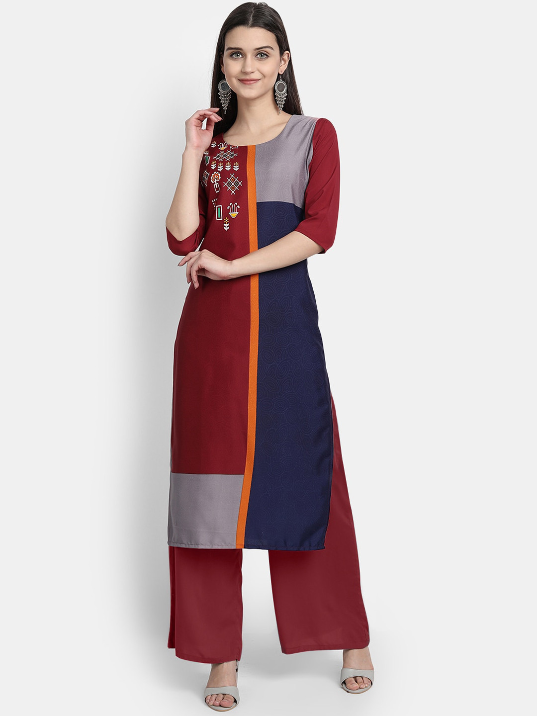 

Ethnic basket Women Maroon & Grey Printed Crepe Kurta