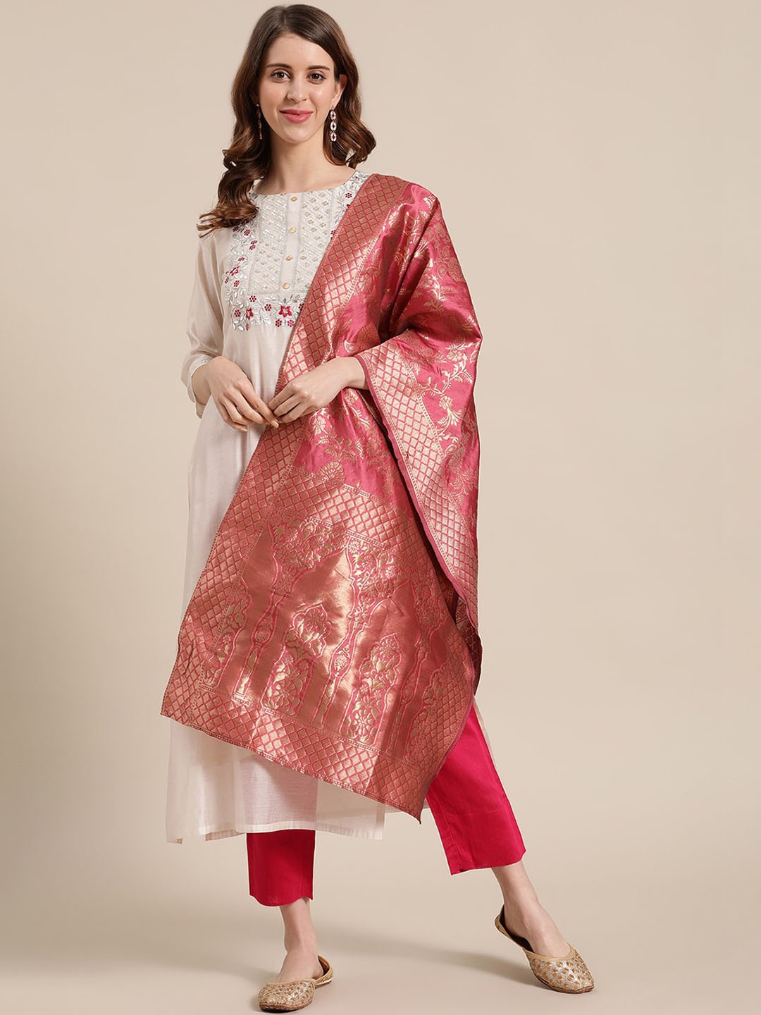 

Varanga Women Off White & Red A-Line Chanderi Silk Kurta with Trousers & Dupatta