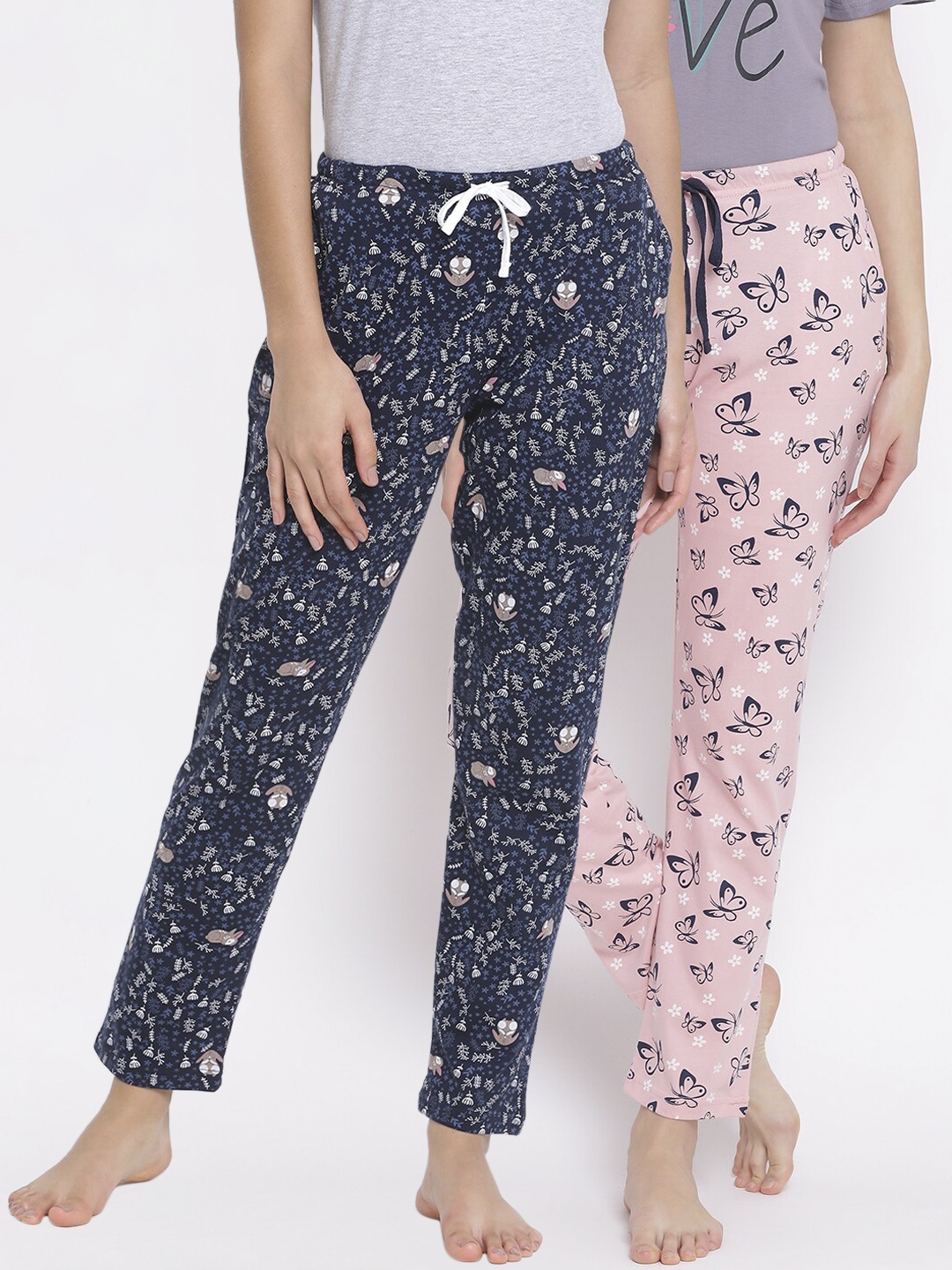 

Kanvin Women Pack of 2 Printed Pure Cotton Lounge Pants, Pink
