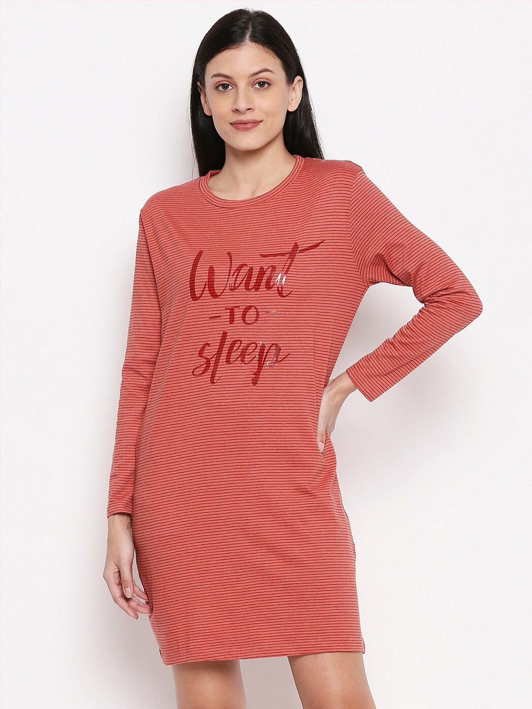 

People Coral Red & Black Striped Cotton Nightdress