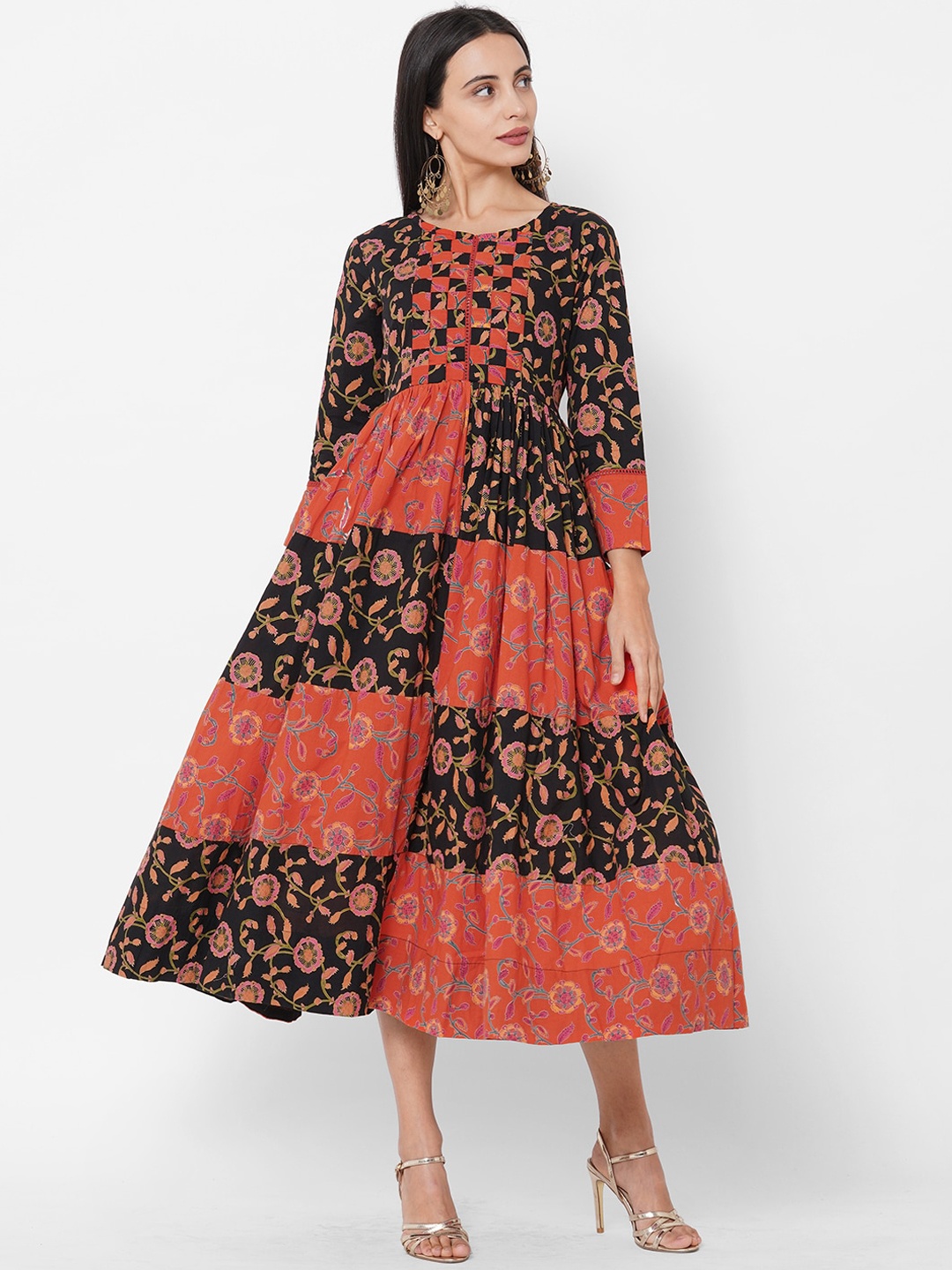

FASHOR Women Coral Red & Black Ethnic Motifs Tiered Midi A-Line Dress