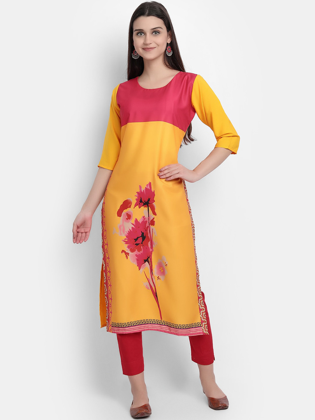 

Ethnic basket Women Yellow Floral Printed Crepe Kurta