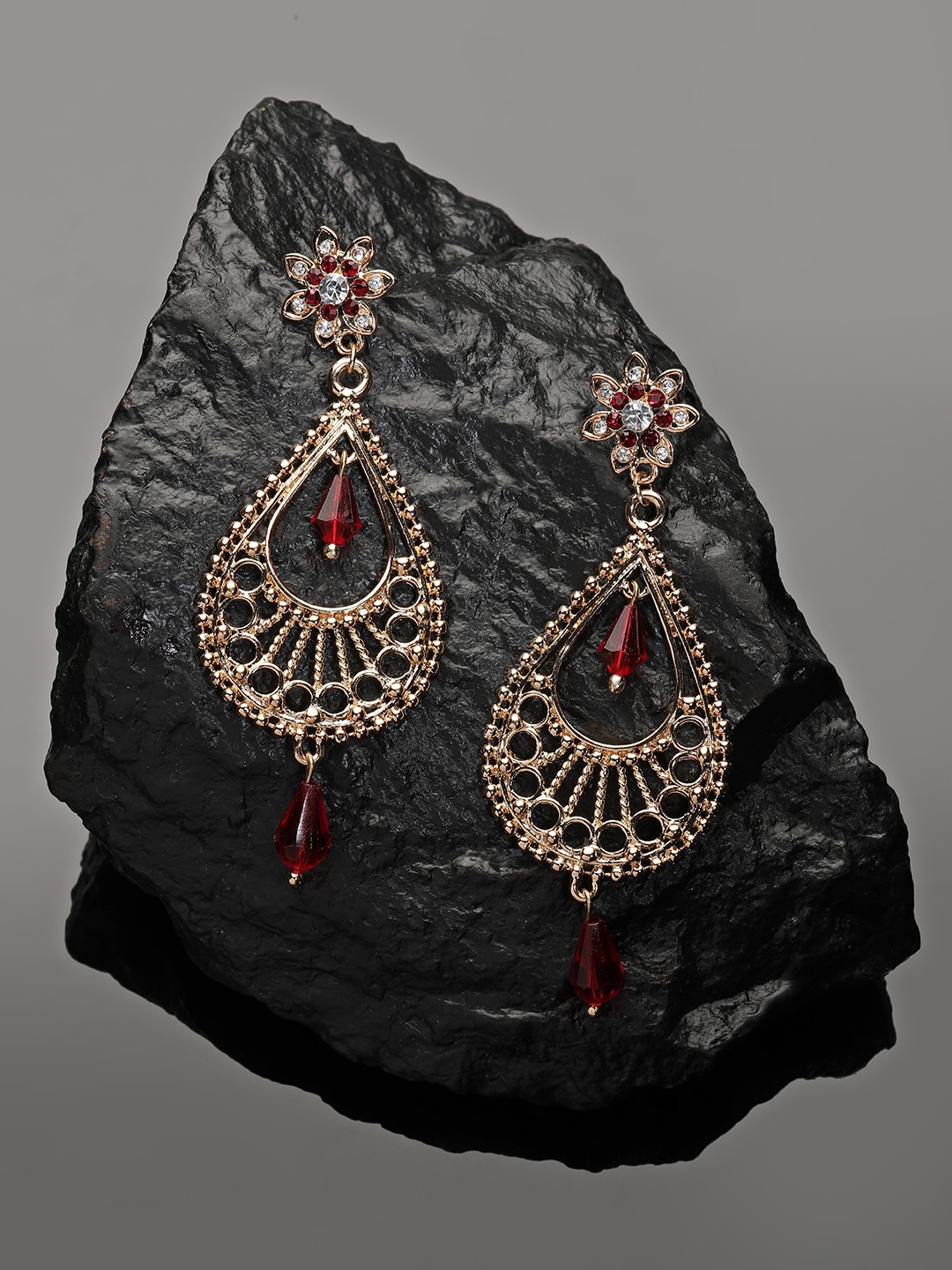 

Accessorize London Women Tear Drop Golden Long Earrings, Red