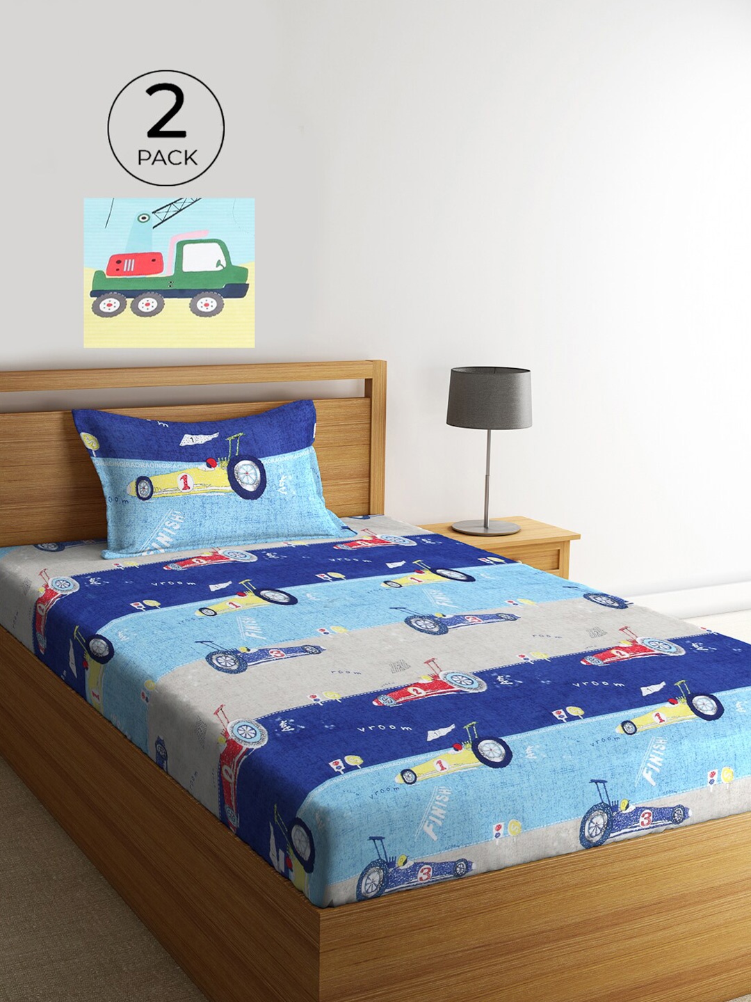 KLOTTHE Blue & Grey Graphic 210 TC Polycotton 2 Single Bedsheet with 2 Pillow Covers