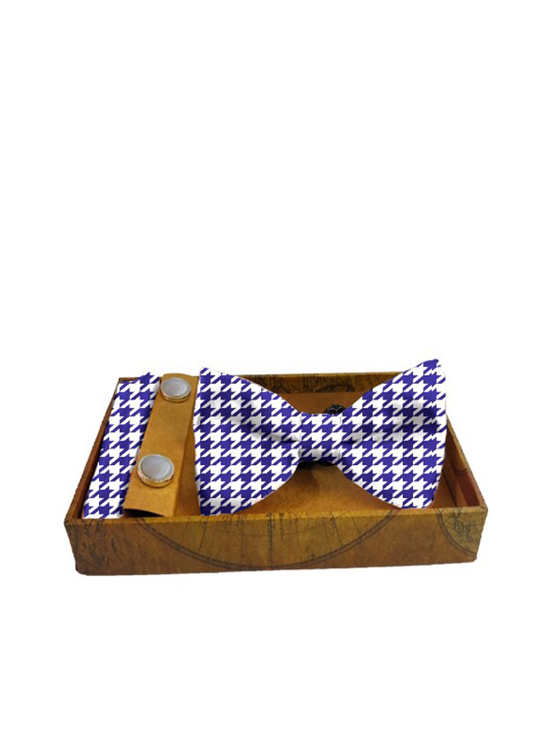 

Blacksmith Men Blue & White Houndtooth Printed 100% Satin Accessory Gift Set
