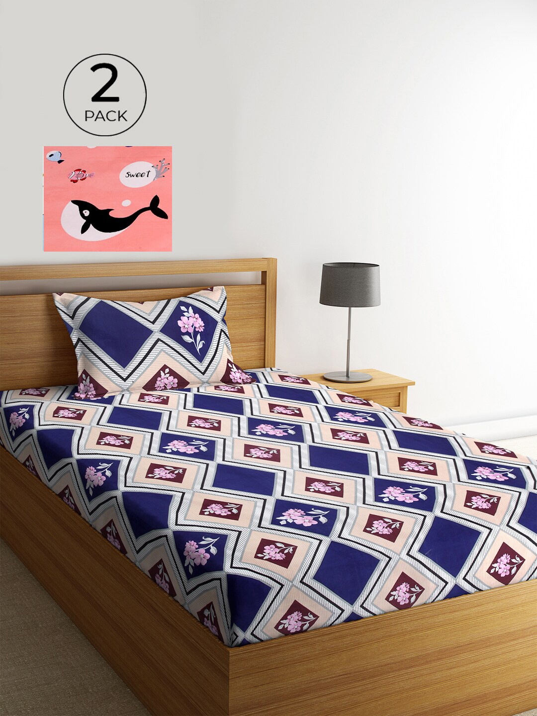 KLOTTHE Blue & White Graphic 210 TC Polycotton 2 Single Bedsheet with 2 Pillow Covers