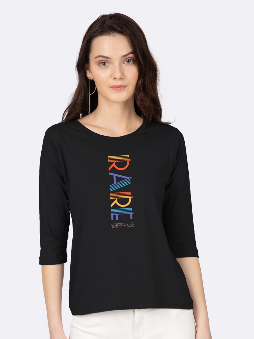 Bewakoof Women Black Printed Round Neck Slim Fit T-shirt