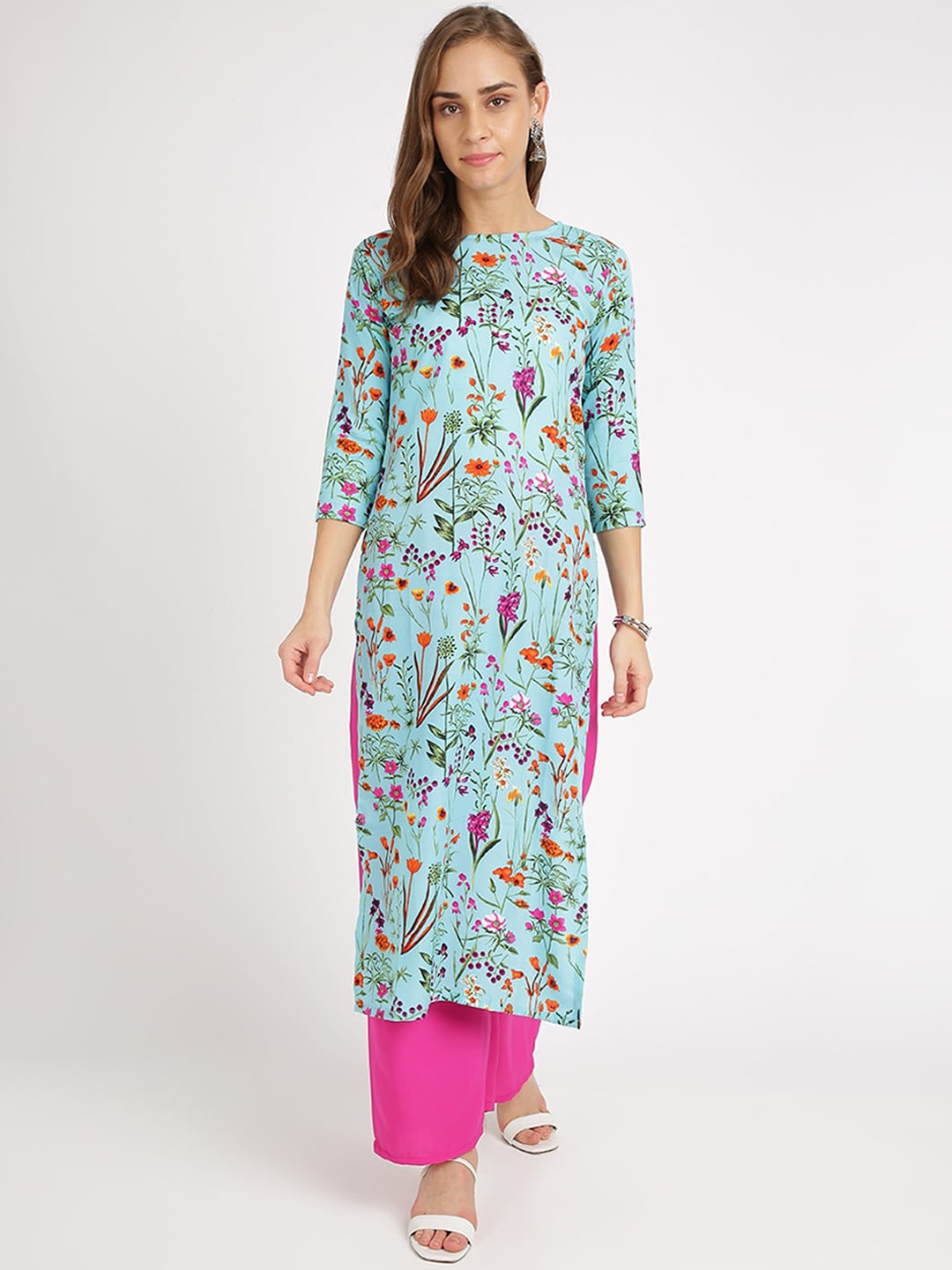 

Florence Women Turquoise Blue & Green Floral Printed Floral Crepe Kurta
