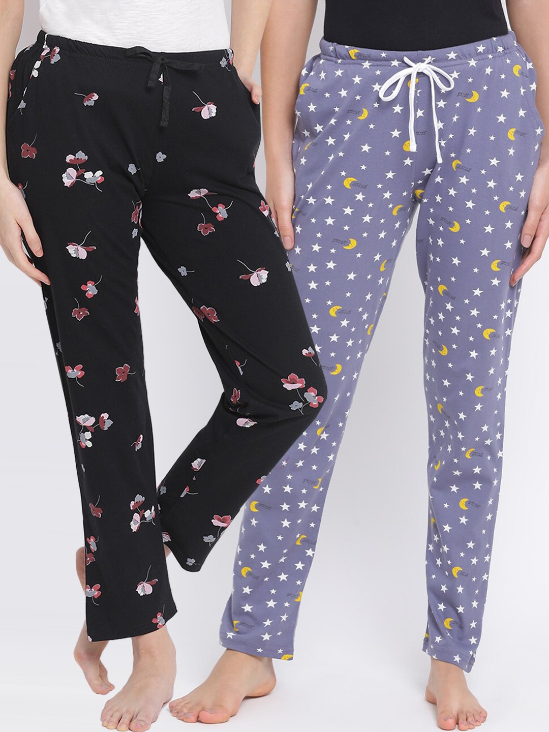 

Kanvin Women Pack Of 2 Printed Cotton Lounge Pants, Black