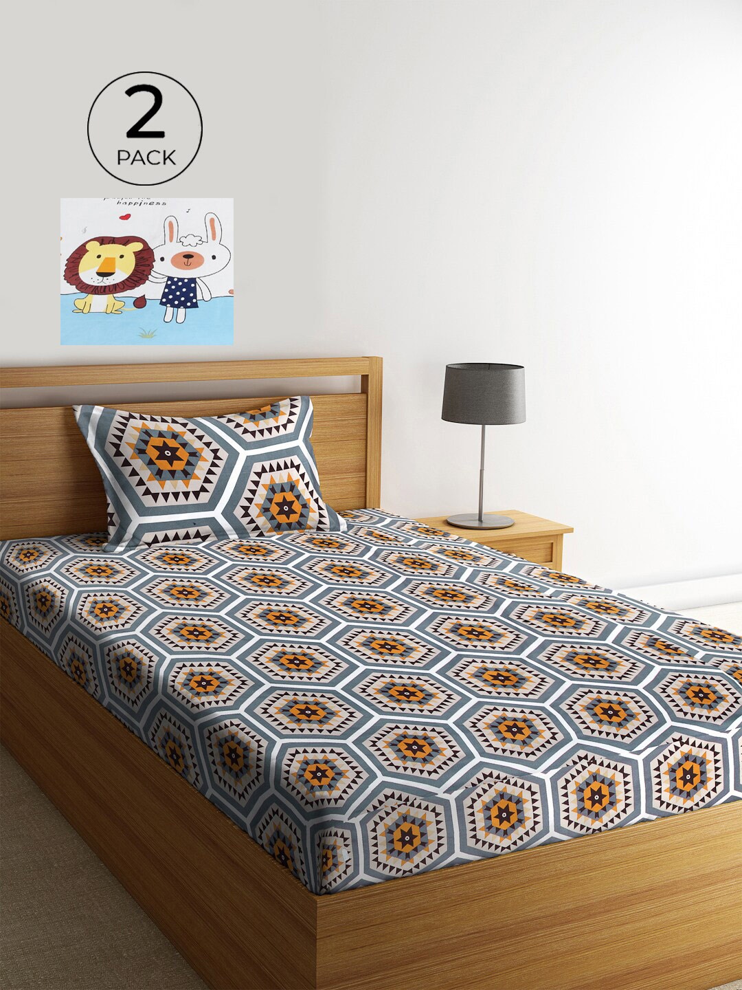 

KLOTTHE Geometric 2 Single Bedsheet with 2 Pillow Covers, Multi