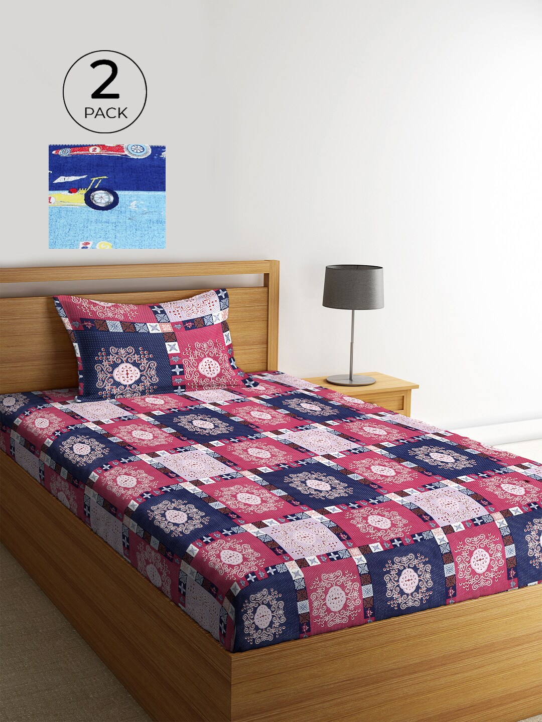 KLOTTHE Blue & Grey Graphic 210 TC Polycotton 2 Single Bedsheet with 2 Pillow Covers