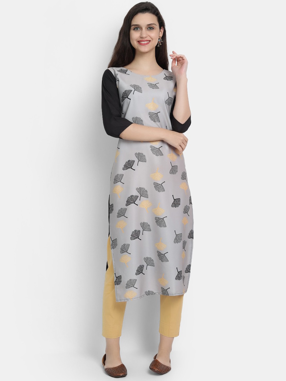 

Ethnic basket Women Grey Floral Printed Crepe Kurta