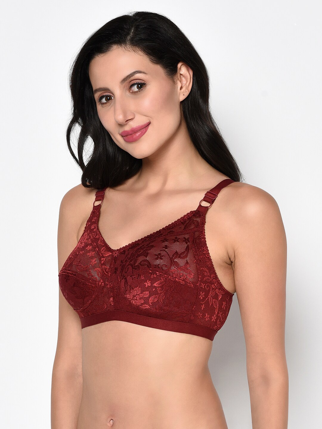 

PRETTYBOLD Maroon Lace Non-Wired Non Padded Minimizer Bra PB-16 MAROON-C21