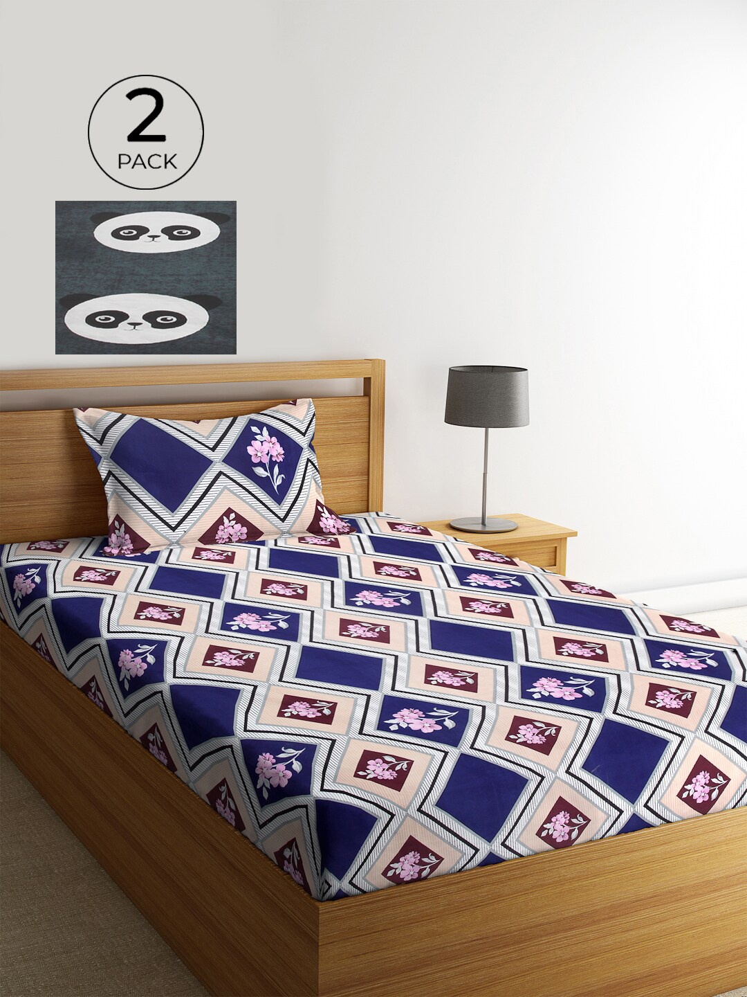 

KLOTTHE Grey & Navy Blue Graphic 210 TC Polycotton 2 Single Bedsheet with 2 Pillow Covers