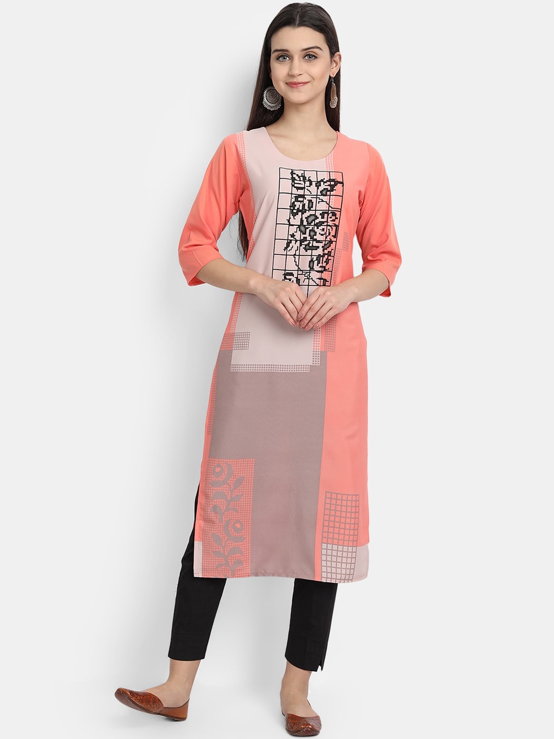 

Ethnic basket Women Pink & Black Floral Printed Floral Crepe Kurta
