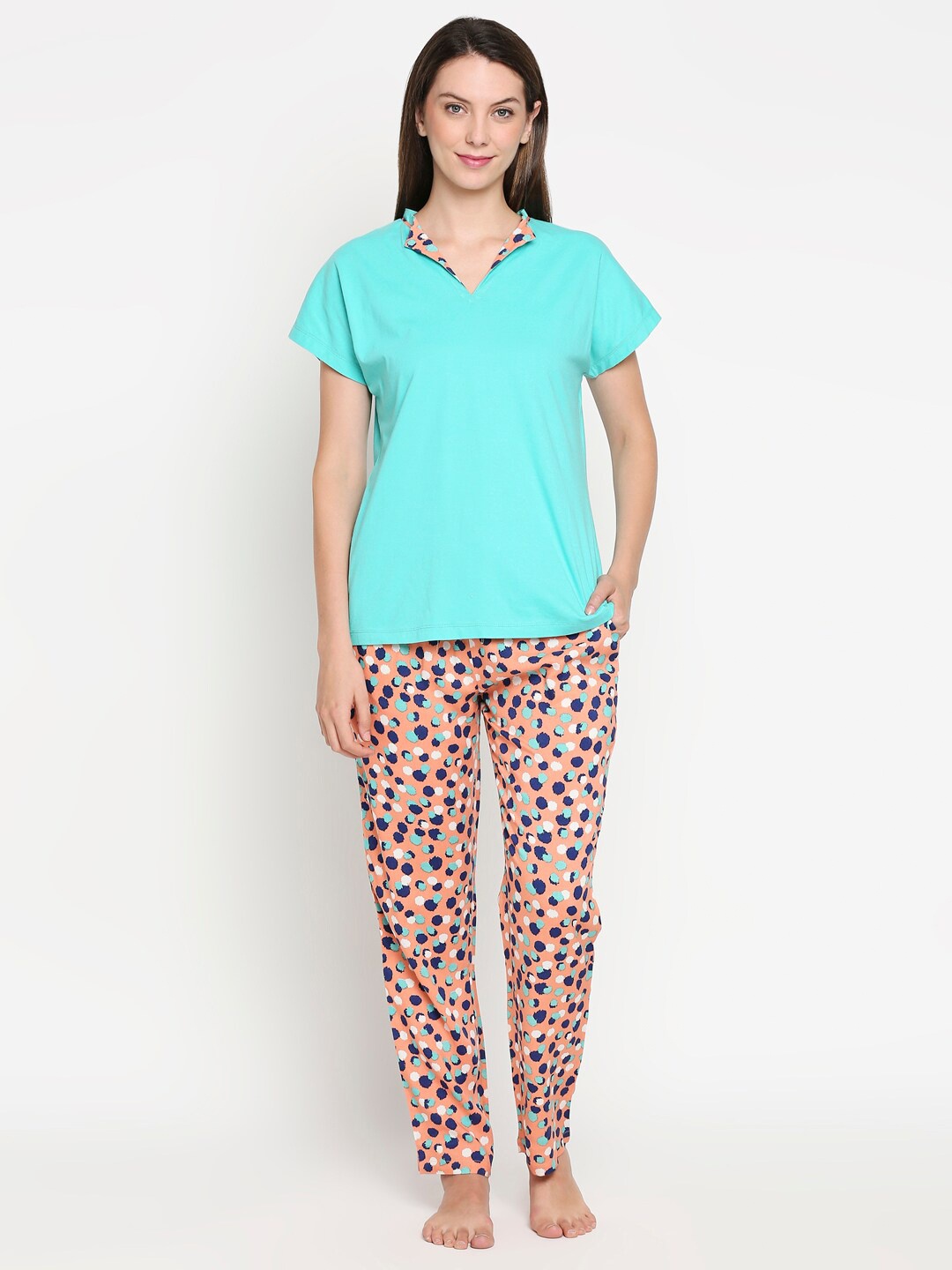 

XIN Women Turquoise Blue & Peach-Coloured Solid Night Suit