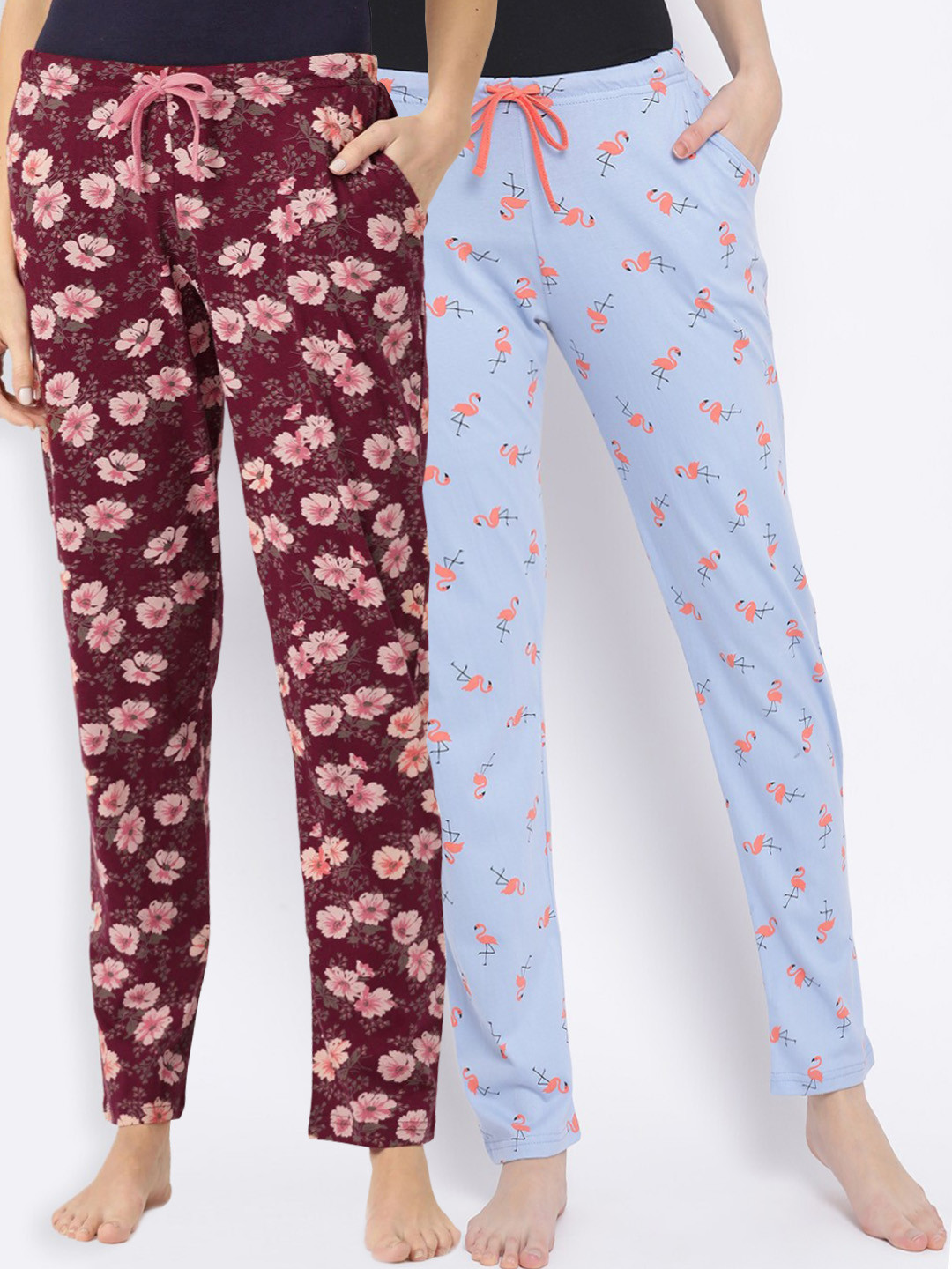 

Kanvin Women Pack of 2 Printed Pure Cotton Lounge Pants, Blue