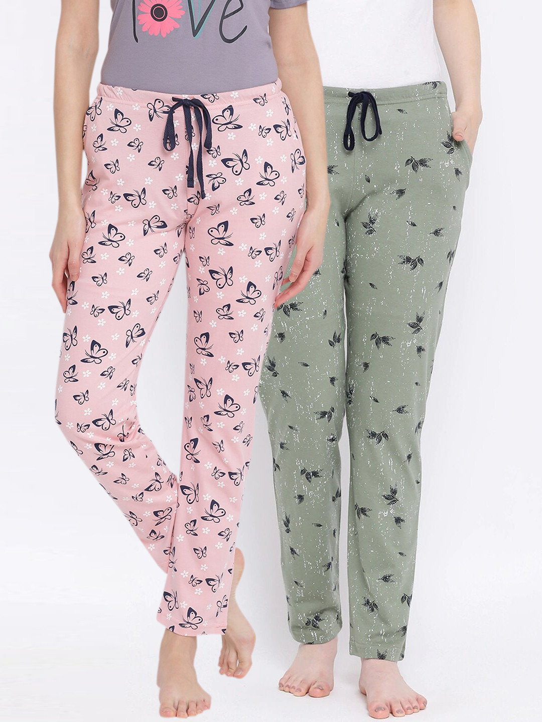 

Kanvin Women Pack of 2 Printed Pure Cotton Lounge Pants, Pink