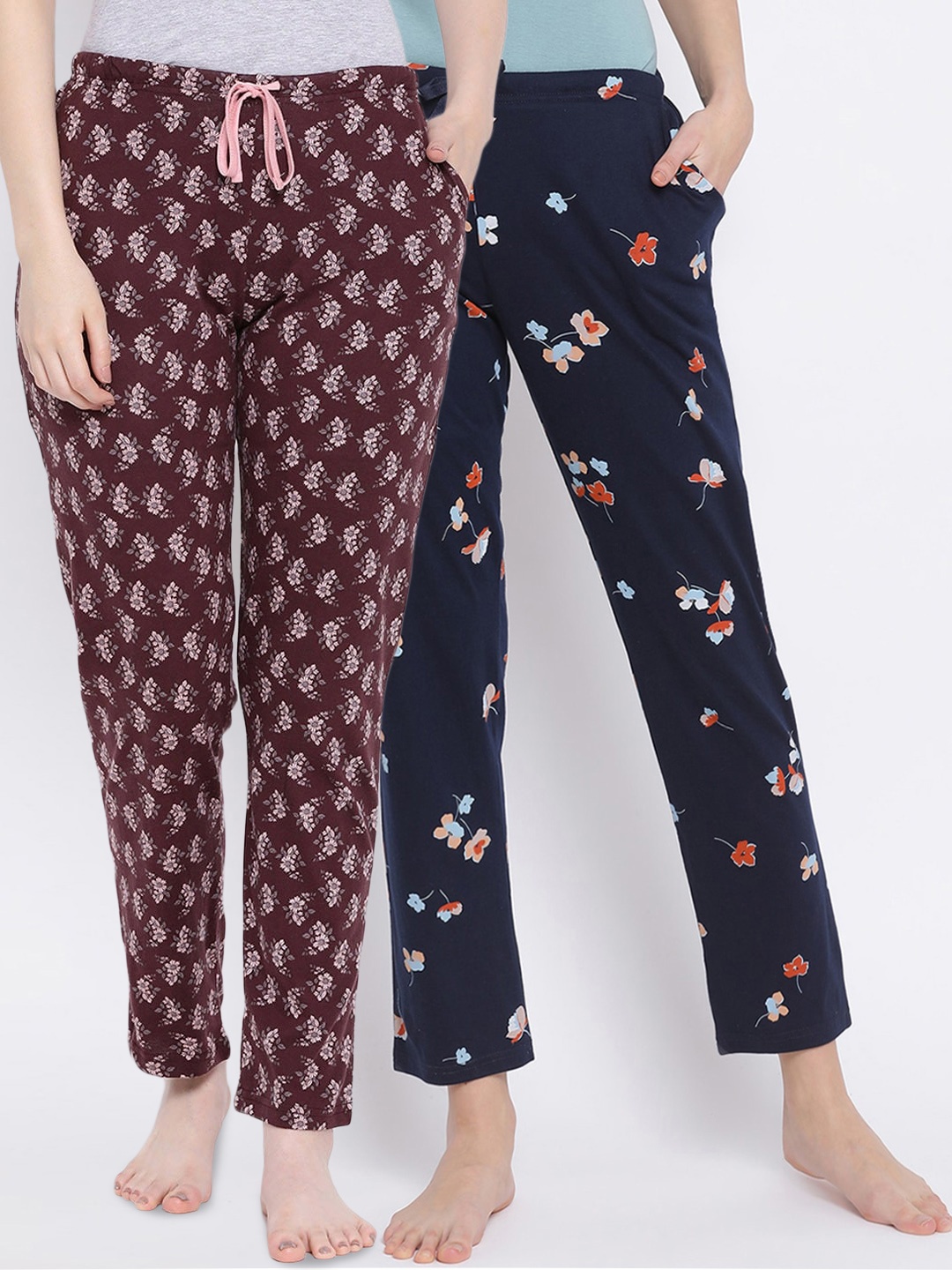 

Kanvin Women Pack of 2 Floral Print Pure Cotton Lounge Pants, Burgundy