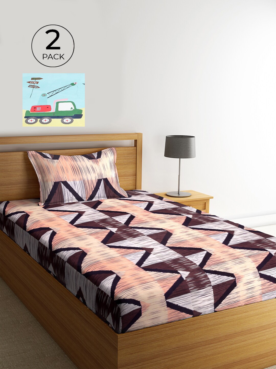 

KLOTTHE Yellow & Peach-Coloured Geometric 210 TC Polycotton 2 Single Bedsheet with 2 Pillow Covers