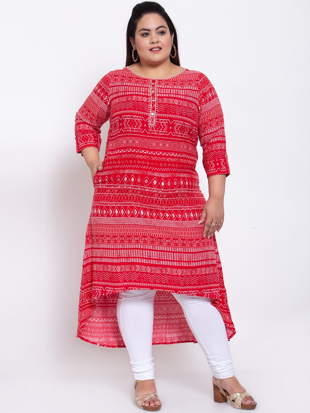 plusS Women Red Tribal Printed Kurta