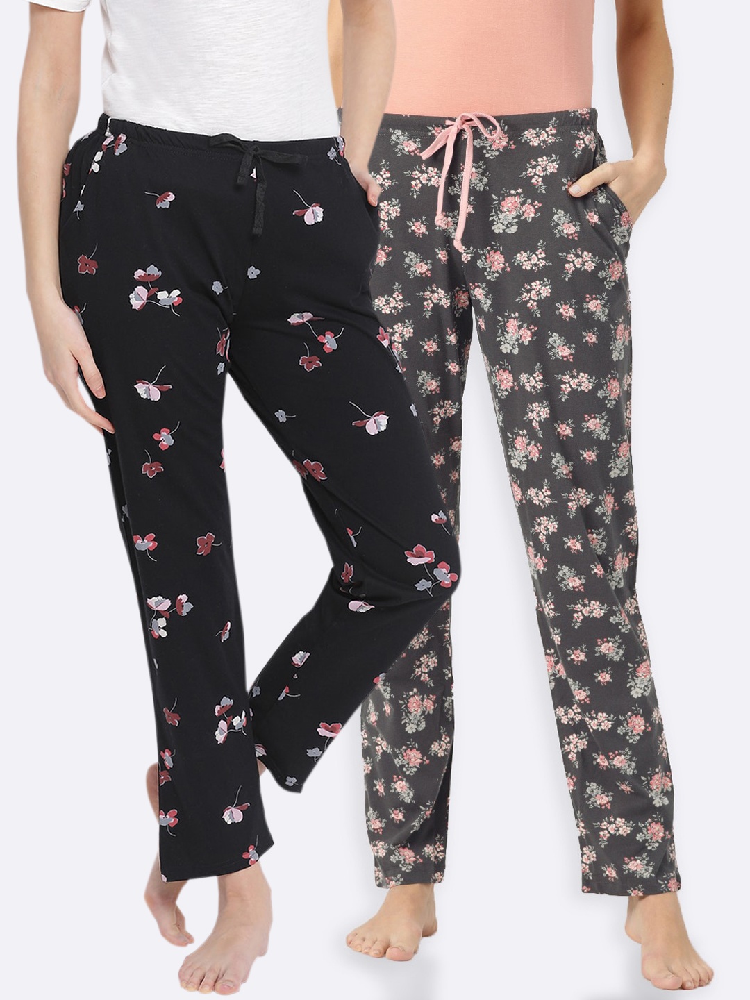 

Kanvin Women Pack of 2 Floral Print Pure Cotton Lounge Pants, Black
