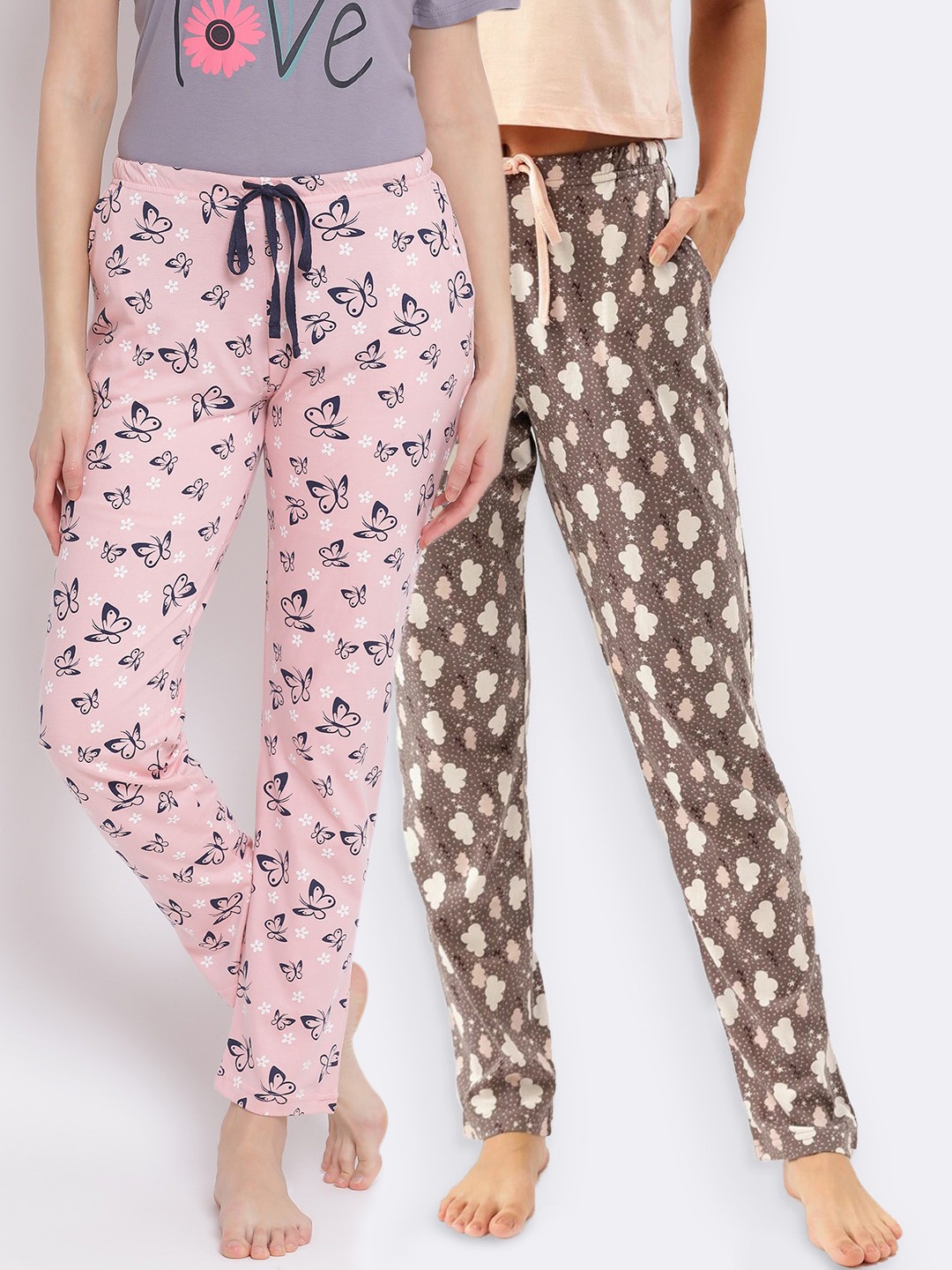 

Kanvin Women Pack of 2 Printed Pure Cotton Lounge Pants, Pink