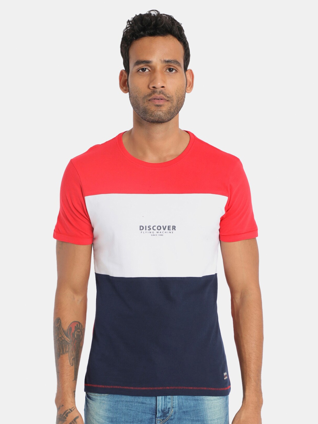 

Flying Machine Men White Colourblocked Round Neck T-shirt
