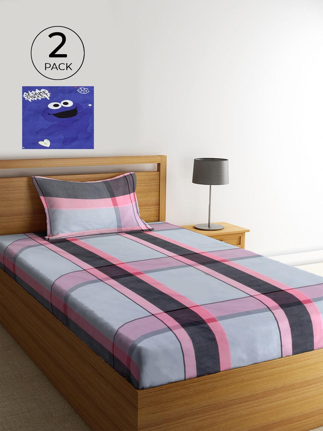 

KLOTTHE Blue & Grey Geometric 210 TC Polycotton 2 Single Bedsheet with 2 Pillow Covers