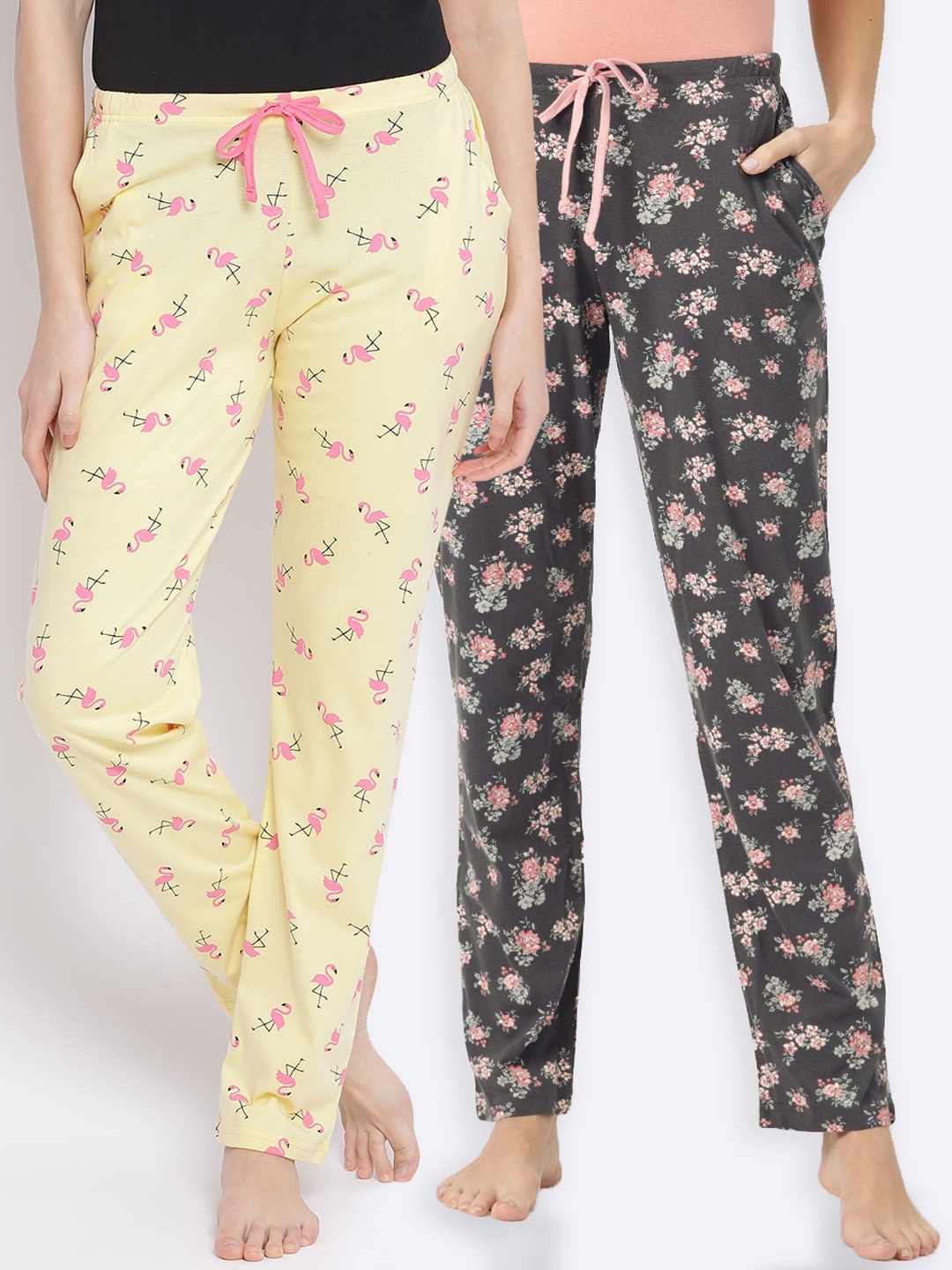 

Kanvin Women Pack of 2 Printed Pure Cotton Lounge Pants, Yellow