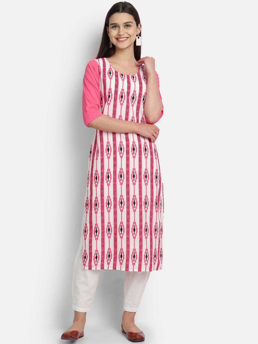 

Ethnic basket Women Pink & White Geometric Printed Crepe Kurta