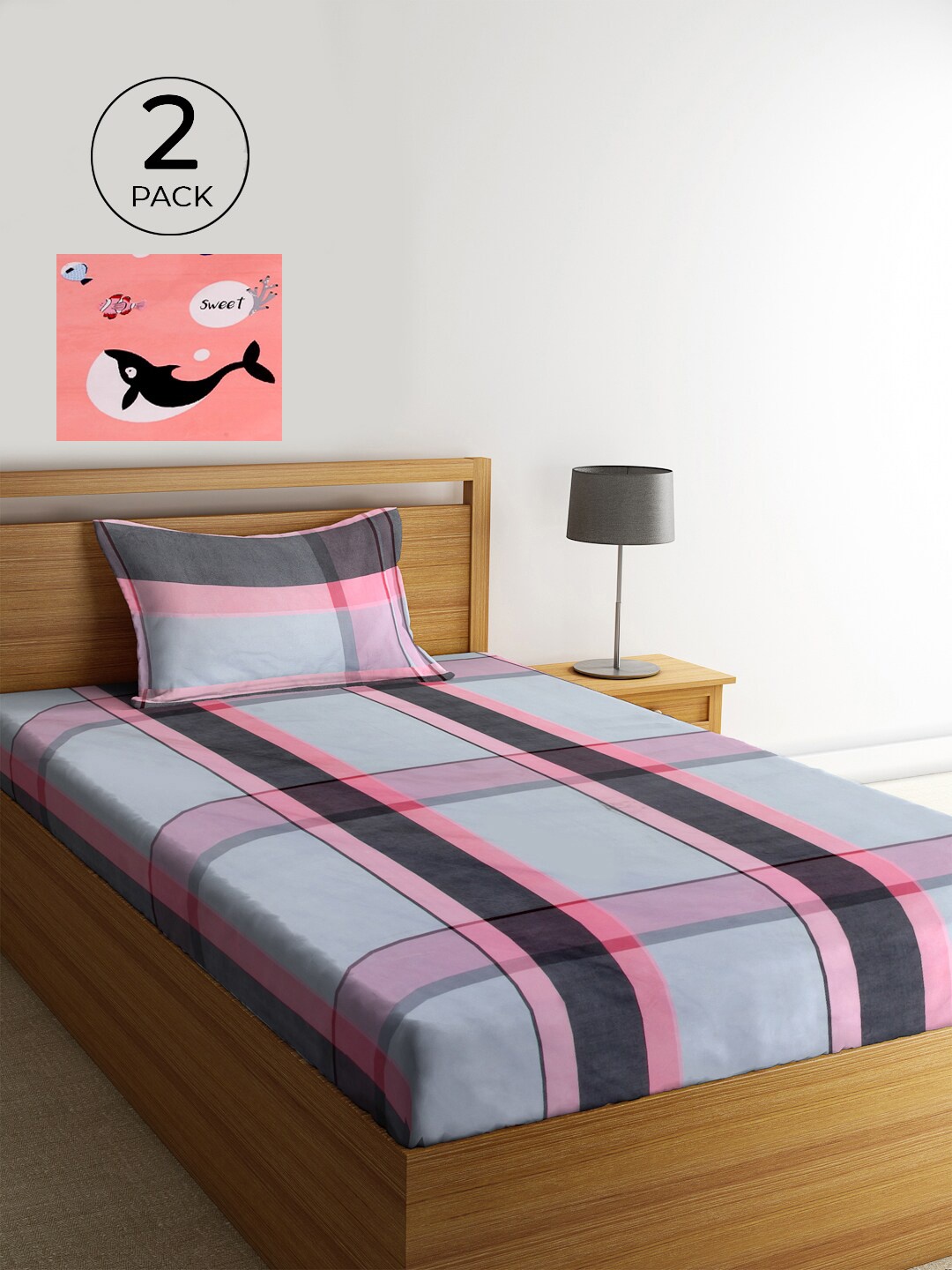 

KLOTTHE Grey & Pink Geometric 210 TC Polycotton 2 Single Bedsheet with 2 Pillow Covers