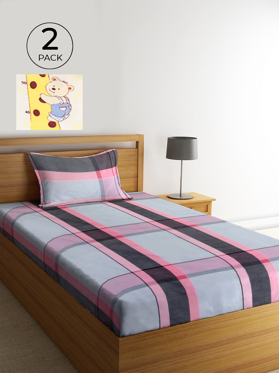 

KLOTTHE Grey & Pink Graphic 210 TC Polycotton 2 Single Bedsheet with 2 Pillow Covers