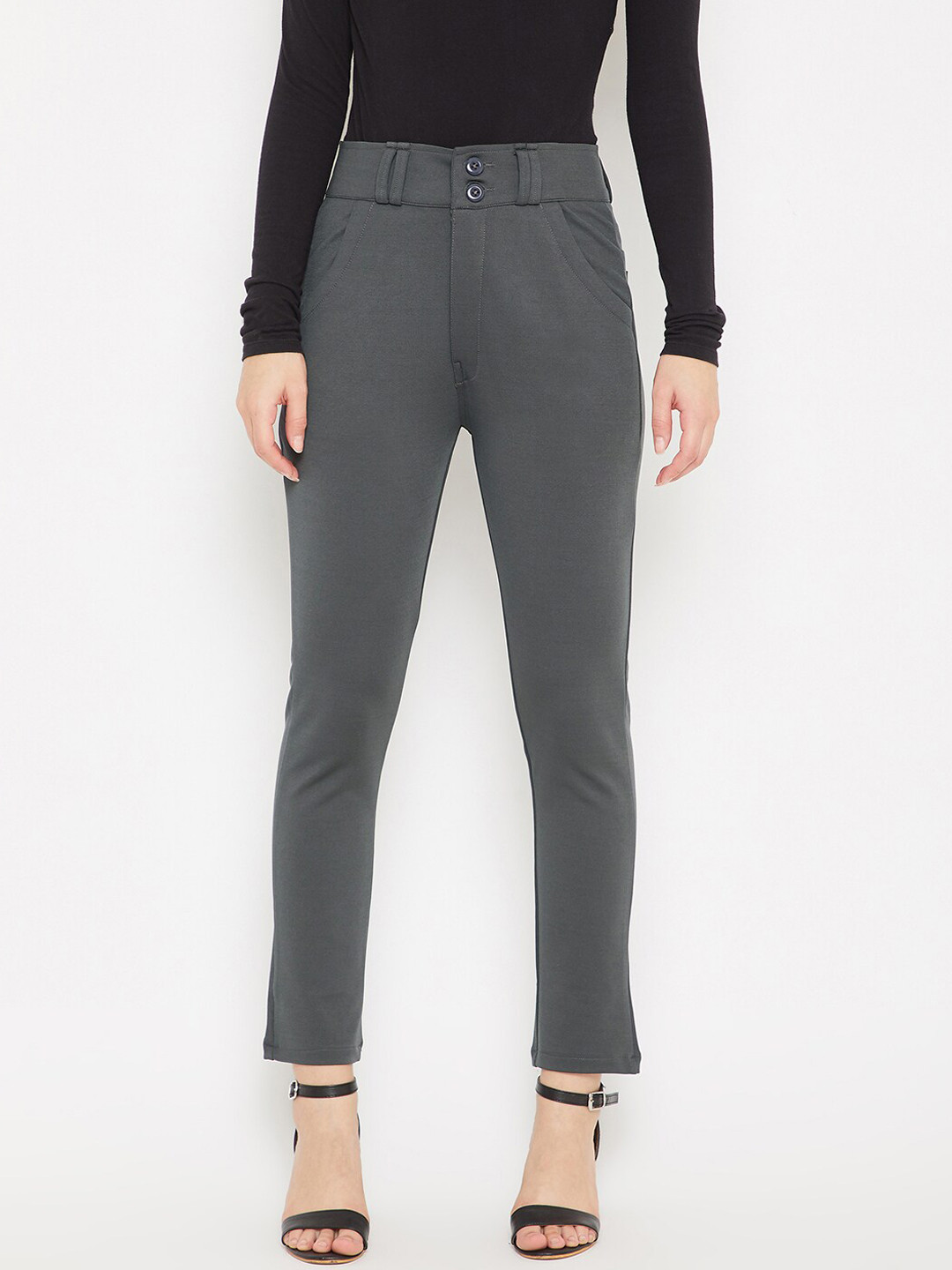 

Purple Feather Women Grey Slim Fit Solid Regular Trousers