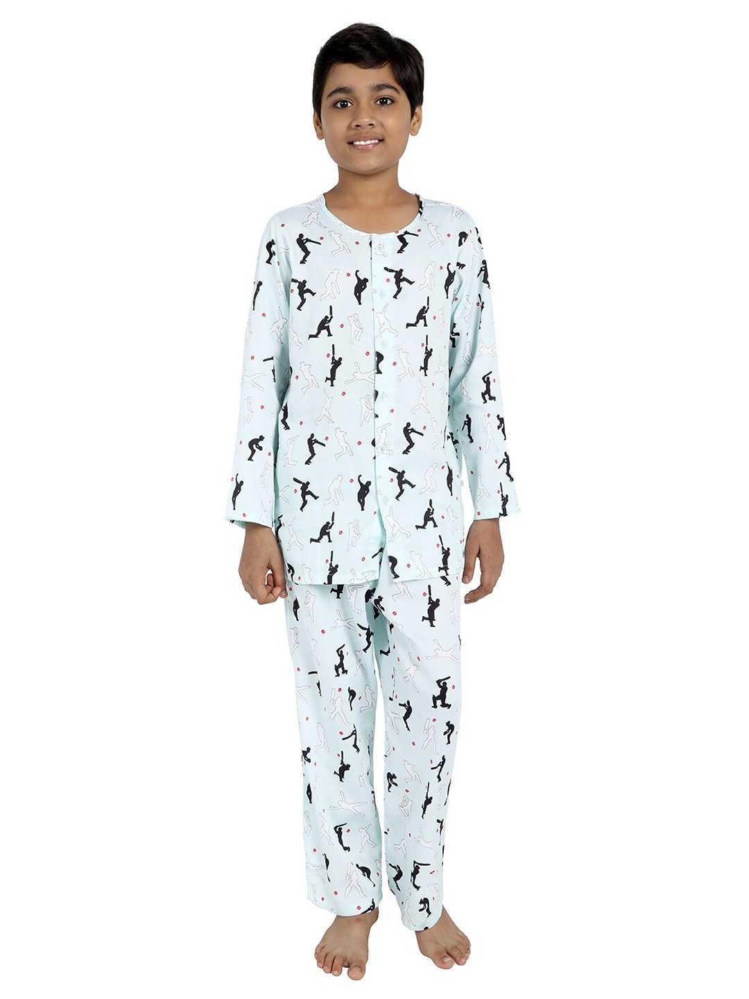 

Nigh Nigh Boys Blue & Black Printed Cotton Sustainable Night Suit