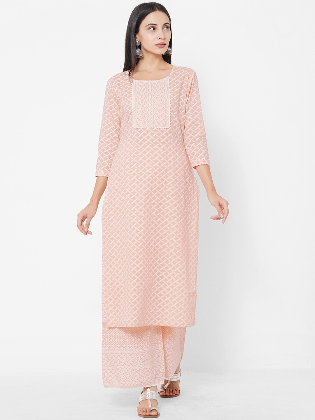 

FASHOR Women Peach-Coloured Printed Regular Straight Pure Cotton Kurta & Palazzos