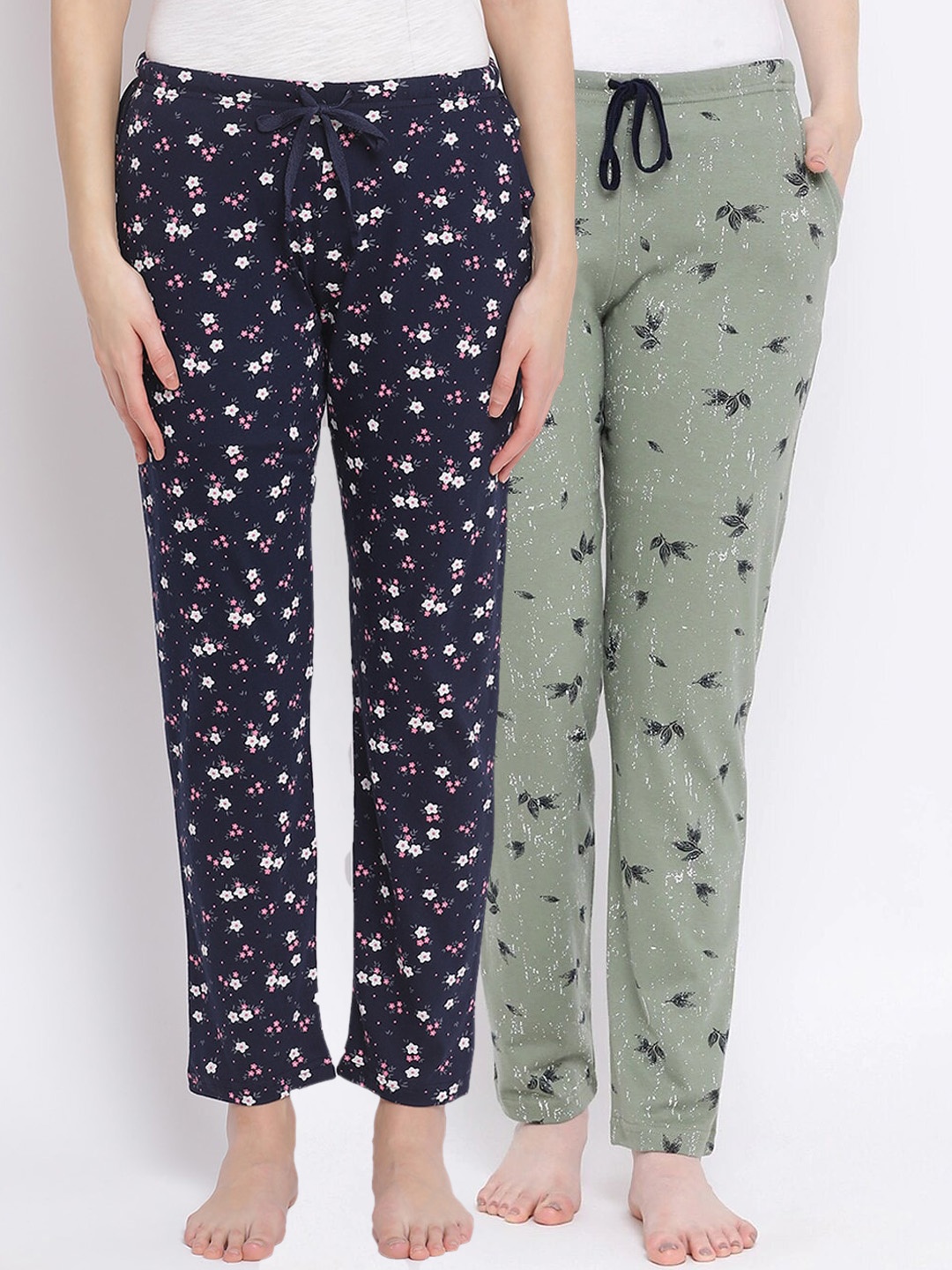 

Kanvin Women Pack of 2 Printed Pure Cotton Lounge Pants, Navy blue