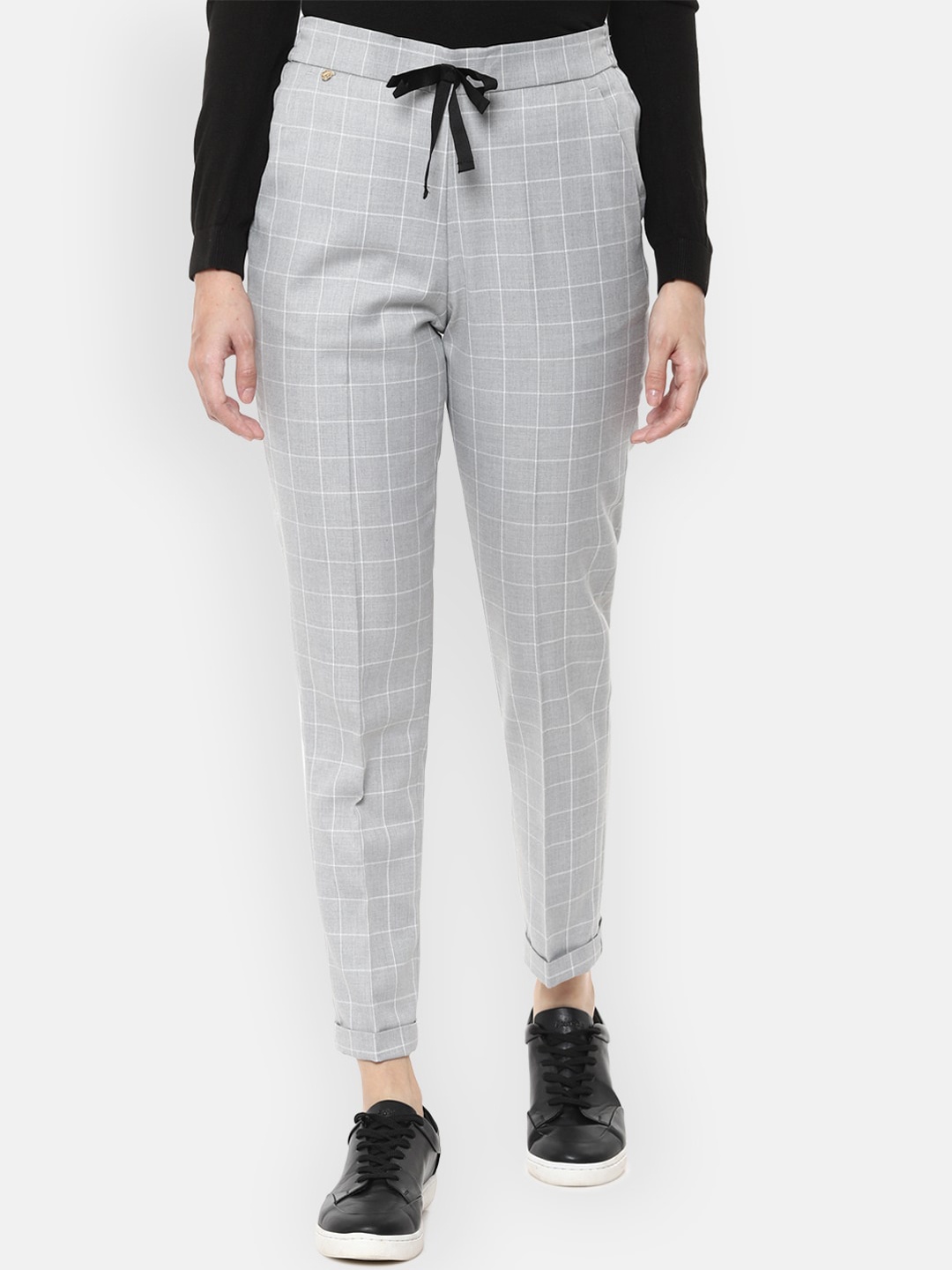 

Van Heusen Woman Grey & White Slim Fit Checked Regular Trousers