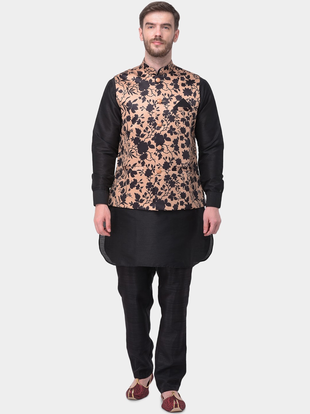 

SG LEMAN Men Black & Peach-Coloured Regular Straight Raw Silk Kurta & Trousers