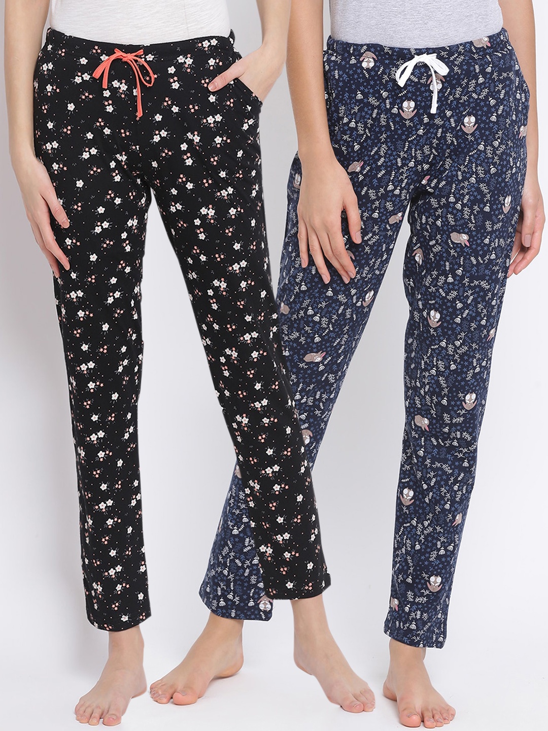 

Kanvin Women Pack of 2 Printed Pure Cotton Lounge Pants, Black