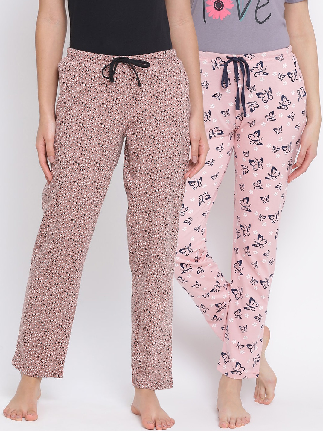 

Kanvin Women Pack of 2 Printed Pure Cotton Lounge Pants, Pink